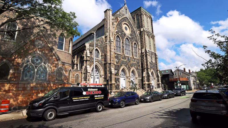 The nonprofit developer Preservation of Affordable Housing is converting the rectory, school, and convent buildings that surround the Sacred Heart Catholic Church at 49 6th St. in Cambridge seen here on August 1, 2025.