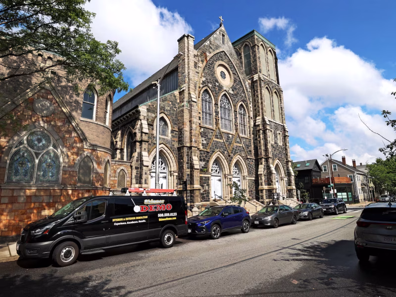 The nonprofit developer Preservation of Affordable Housing is converting the rectory, school, and convent buildings that surround the Sacred Heart Catholic Church at 49 6th St. in Cambridge seen here on August 1, 2025.